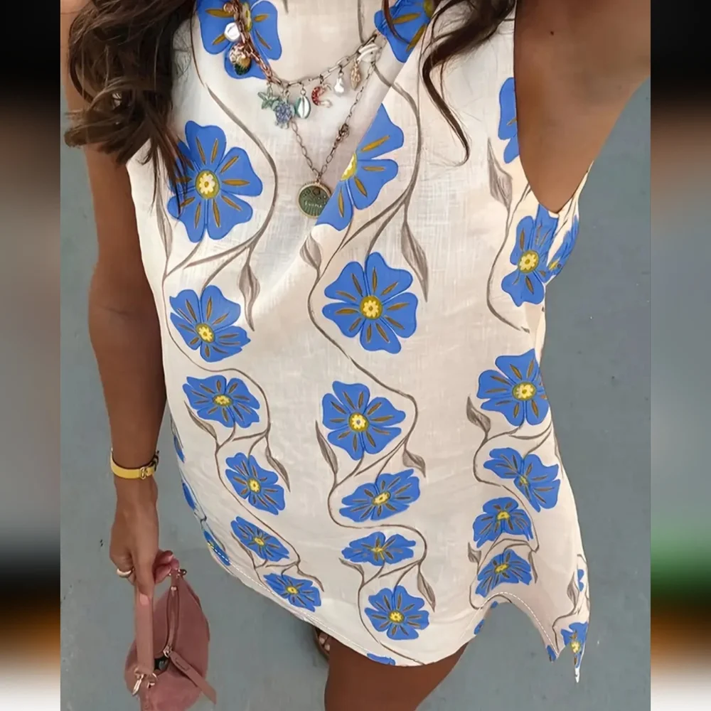 Women's Sleeveless Floral Print Beach Vacation Dress - Round Neck Fitted Summer - Picture 2 of 5